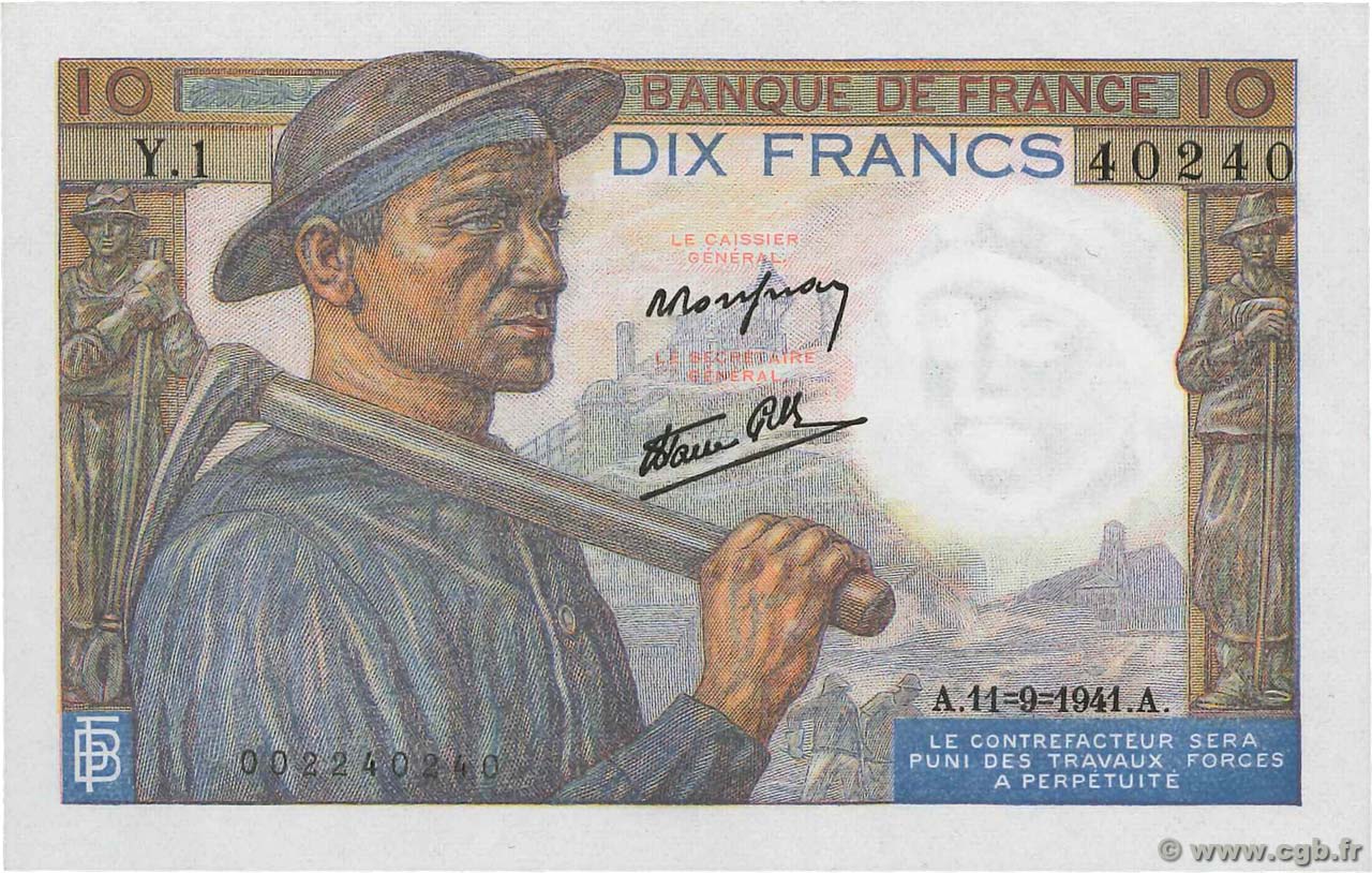 10 Francs MINEUR FRANCIA  1941 F.08.01 SC+