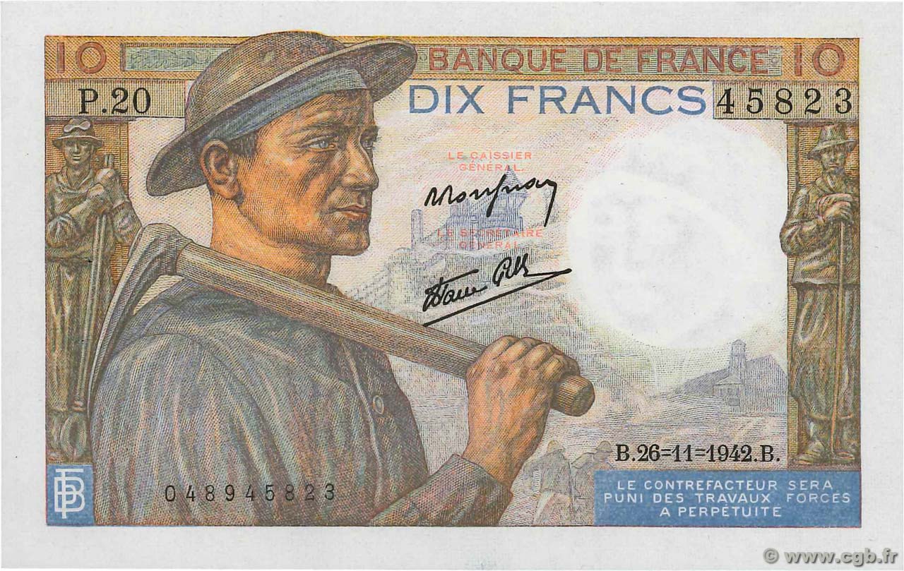 10 Francs MINEUR FRANCE  1942 F.08.06 AU