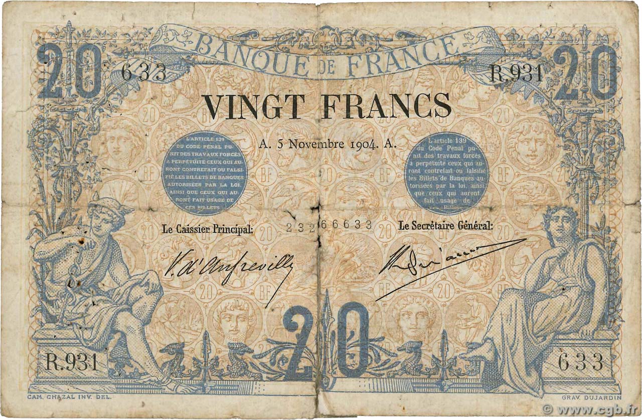 20 Francs NOIR FRANCE  1904 F.09.03 P