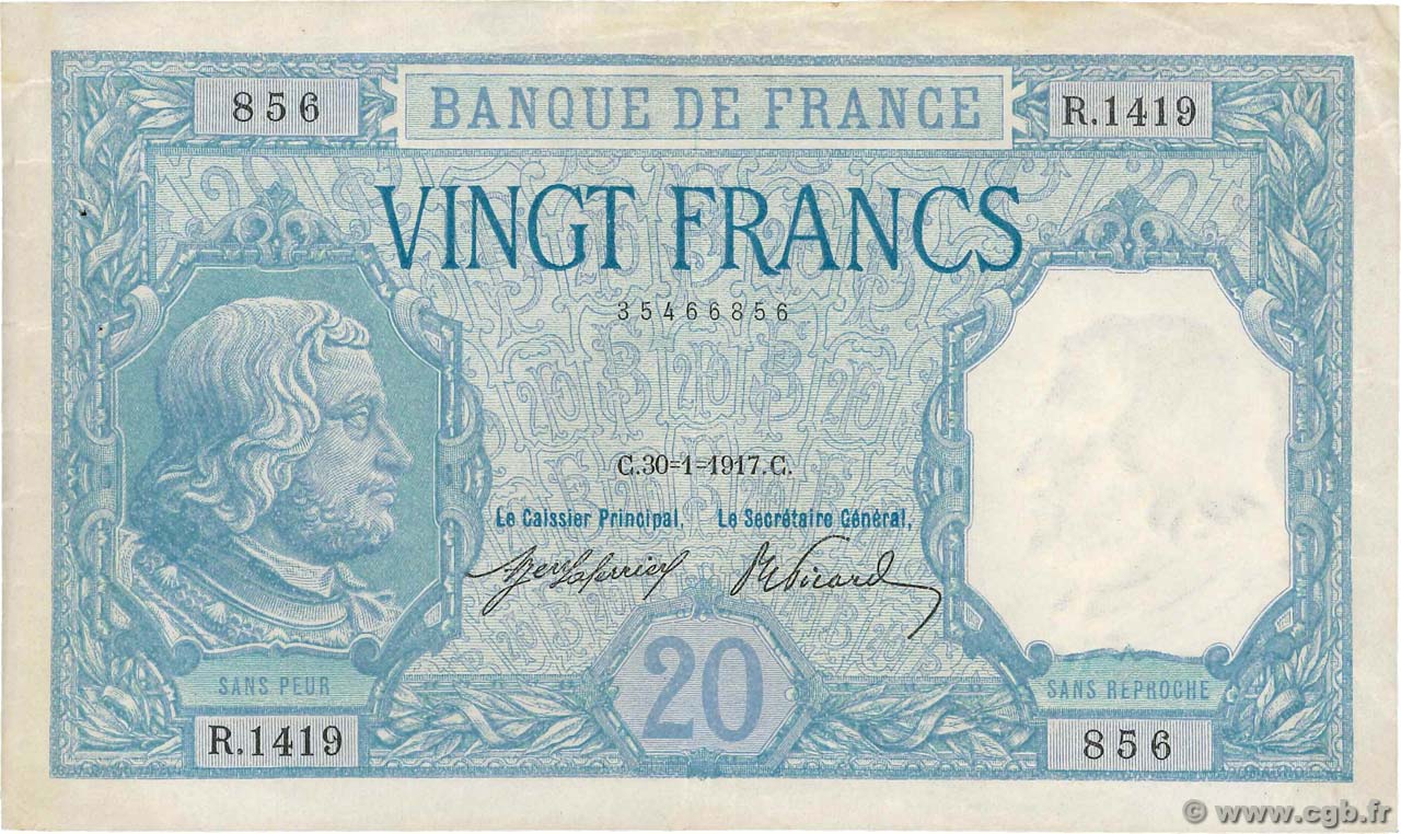 20 Francs BAYARD FRANCE  1917 F.11.02 VF+