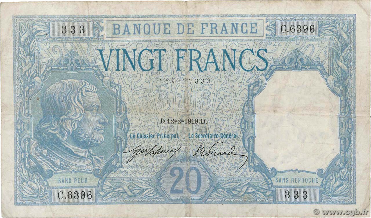 20 Francs BAYARD FRANKREICH  1919 F.11.04 S