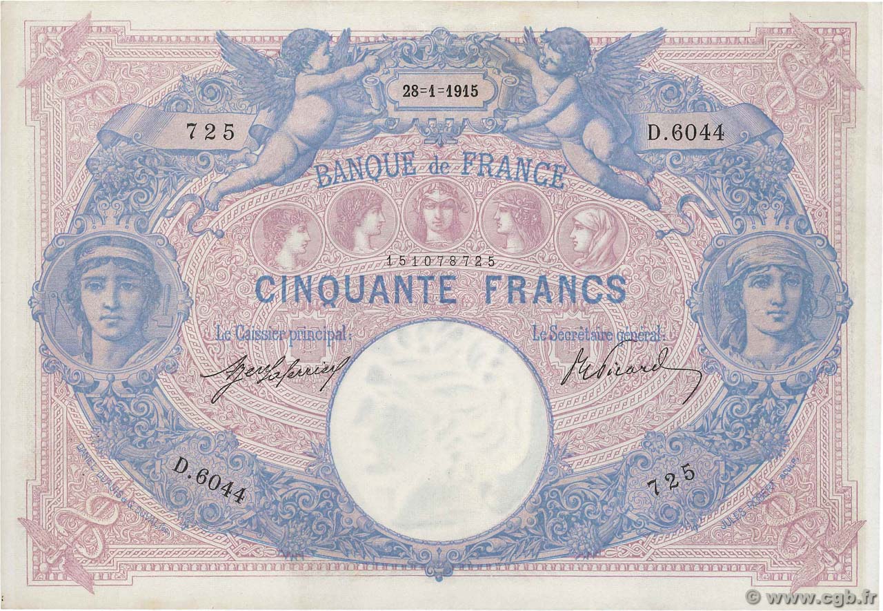 50 Francs BLEU ET ROSE FRANCIA  1915 F.14.28 MBC+