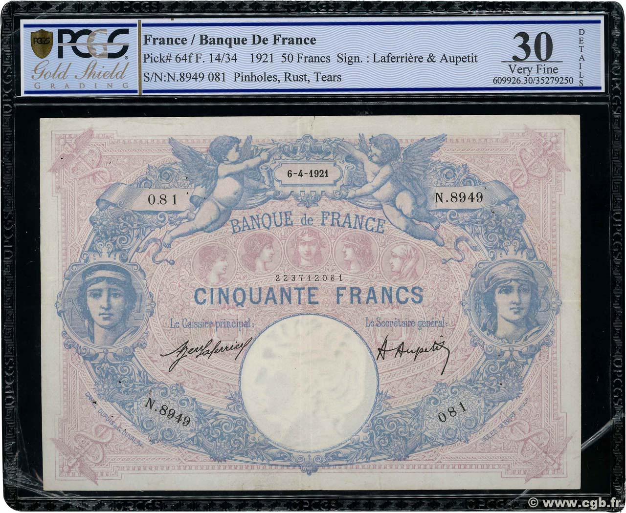 50 Francs BLEU ET ROSE FRANCIA  1921 F.14.34 MBC