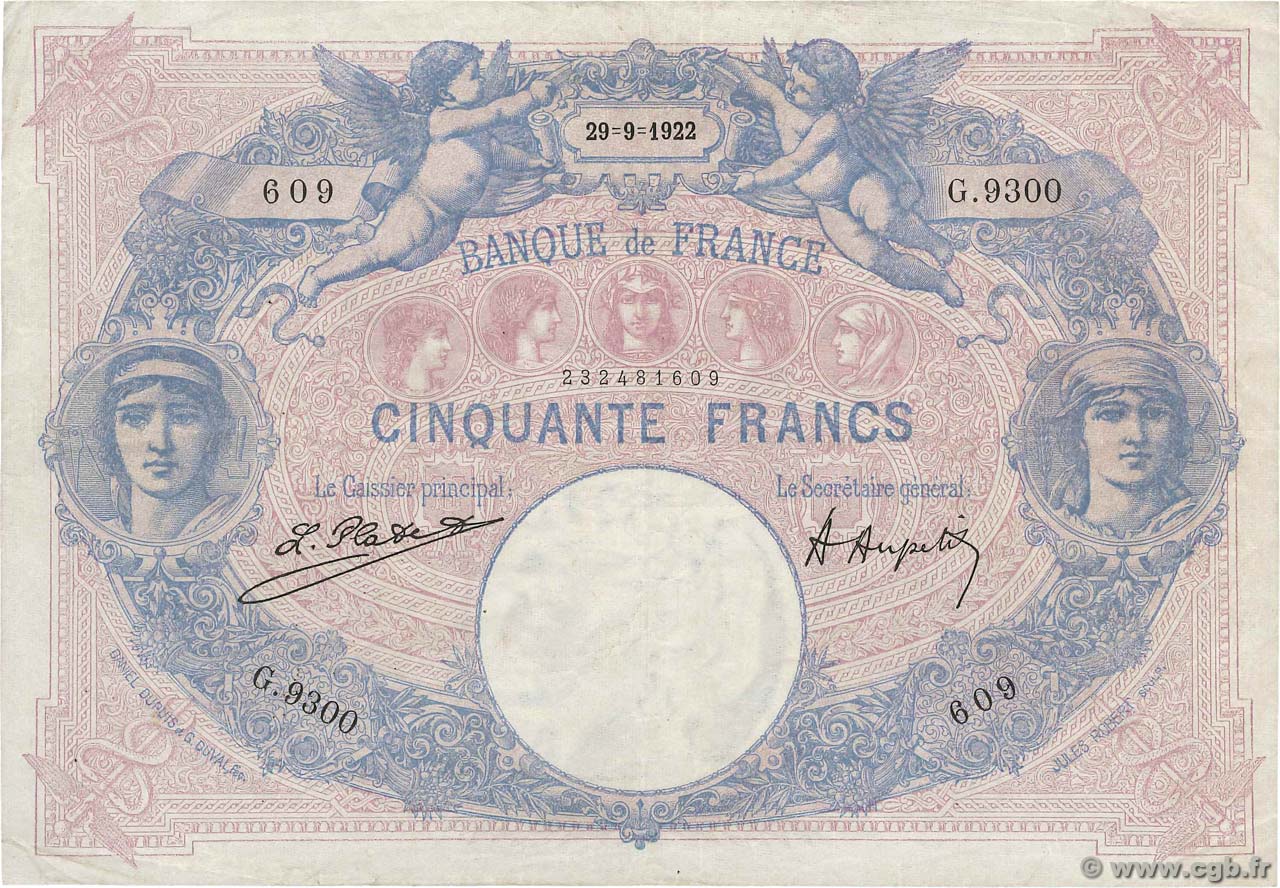 50 Francs BLEU ET ROSE FRANCE  1922 F.14.35 VF-