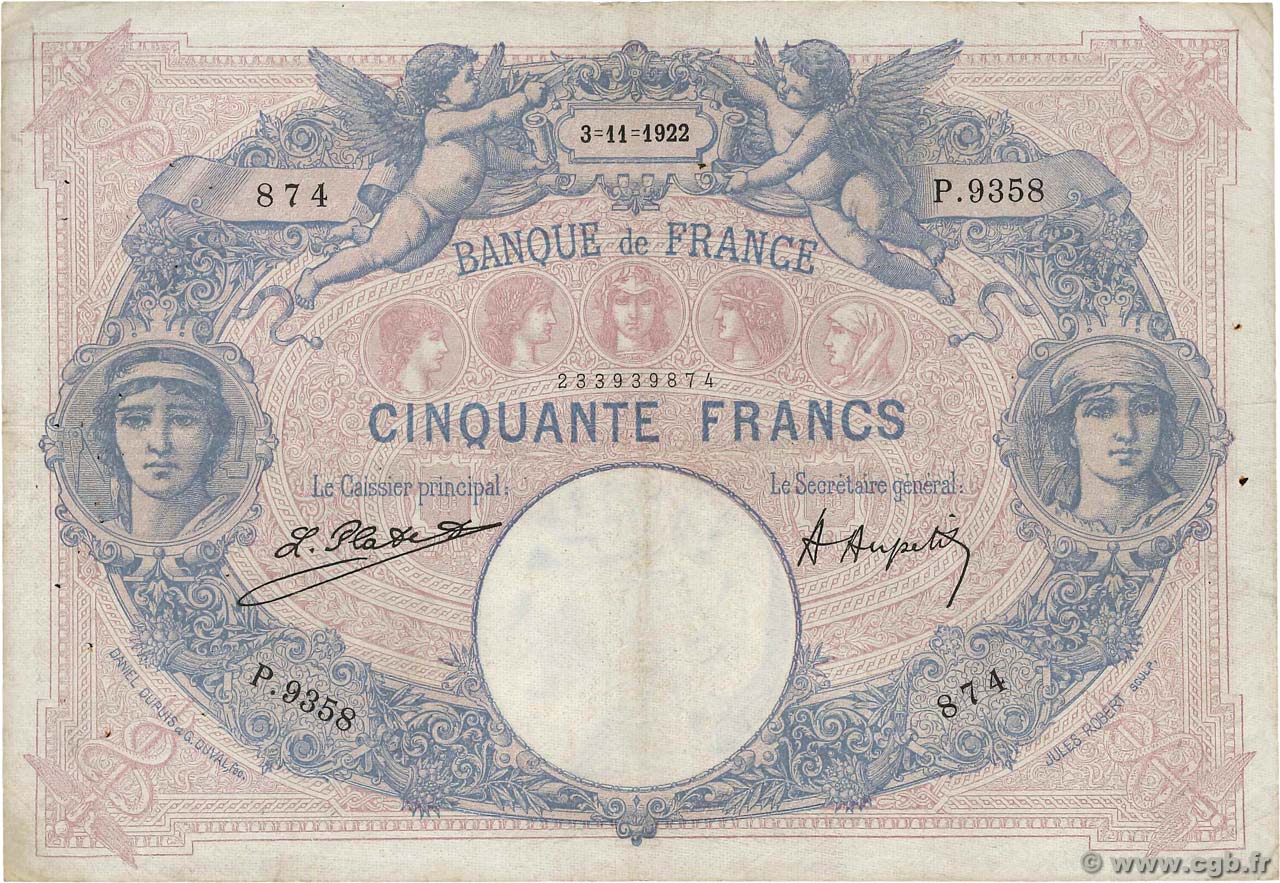 50 Francs BLEU ET ROSE FRANKREICH  1922 F.14.35 S