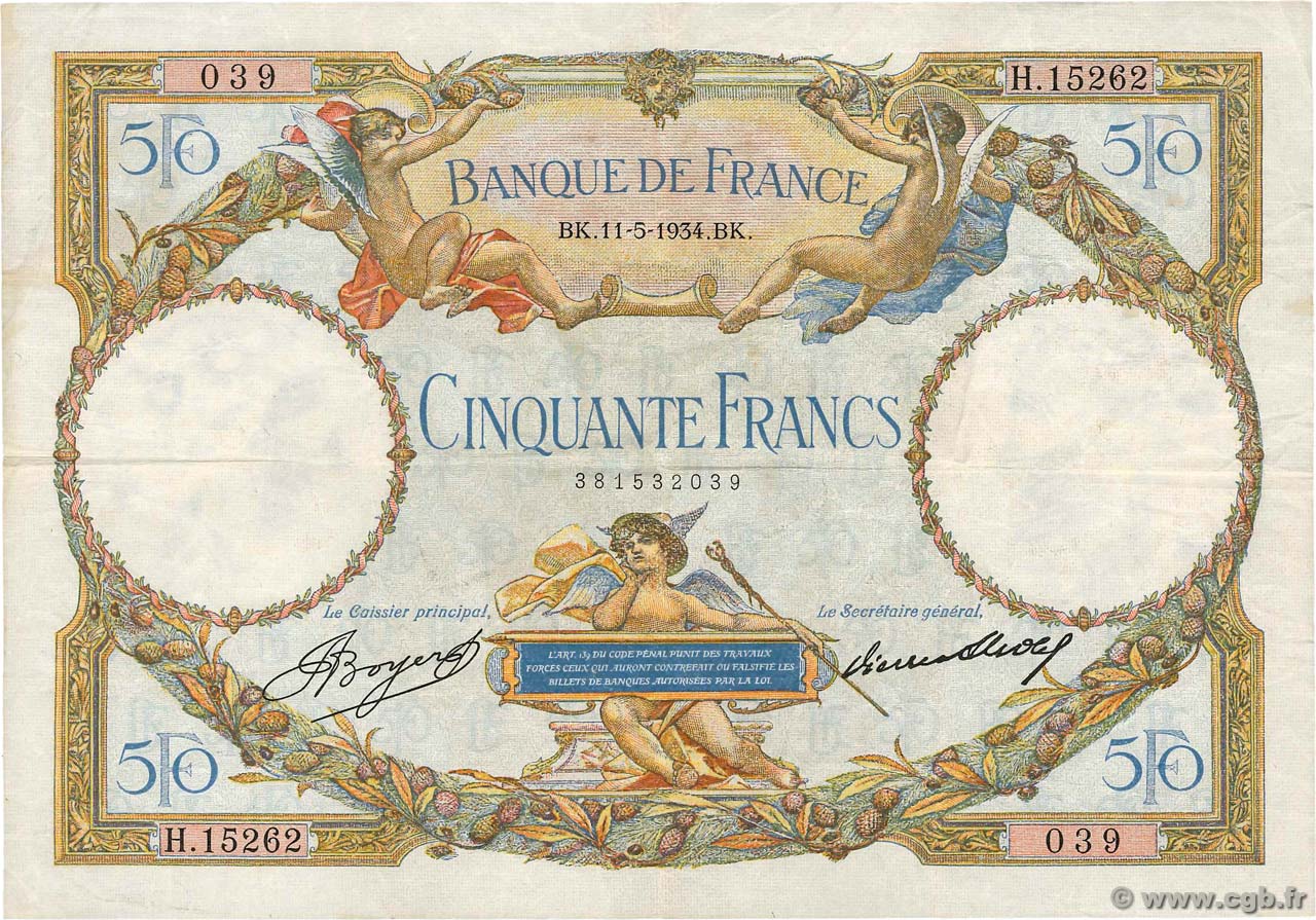 50 Francs LUC OLIVIER MERSON type modifié FRANKREICH  1934 F.16.05 fSS