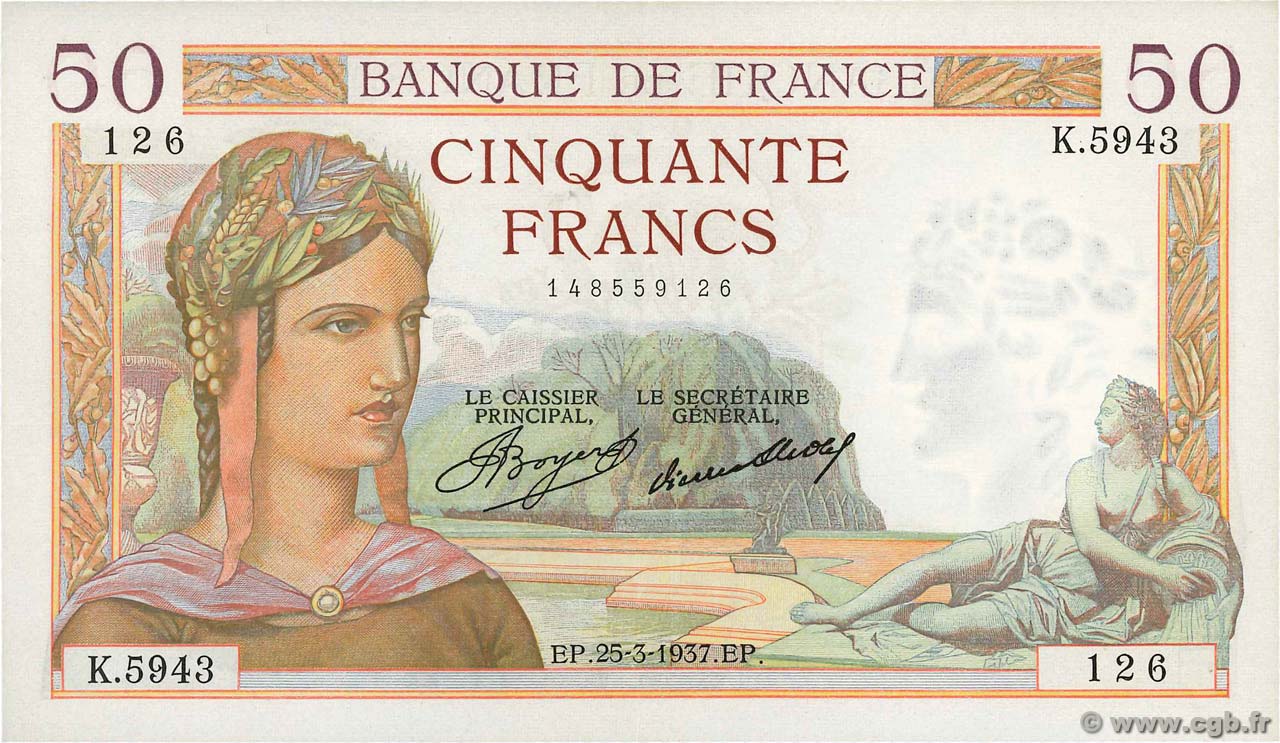 50 Francs CÉRÈS FRANCE  1937 F.17.36 SPL