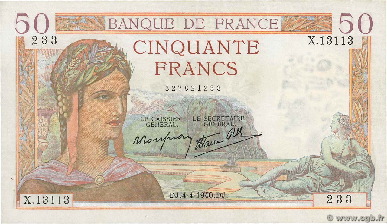 50 Francs CÉRÈS modifié FRANCE  1940 F.18.42 pr.SUP
