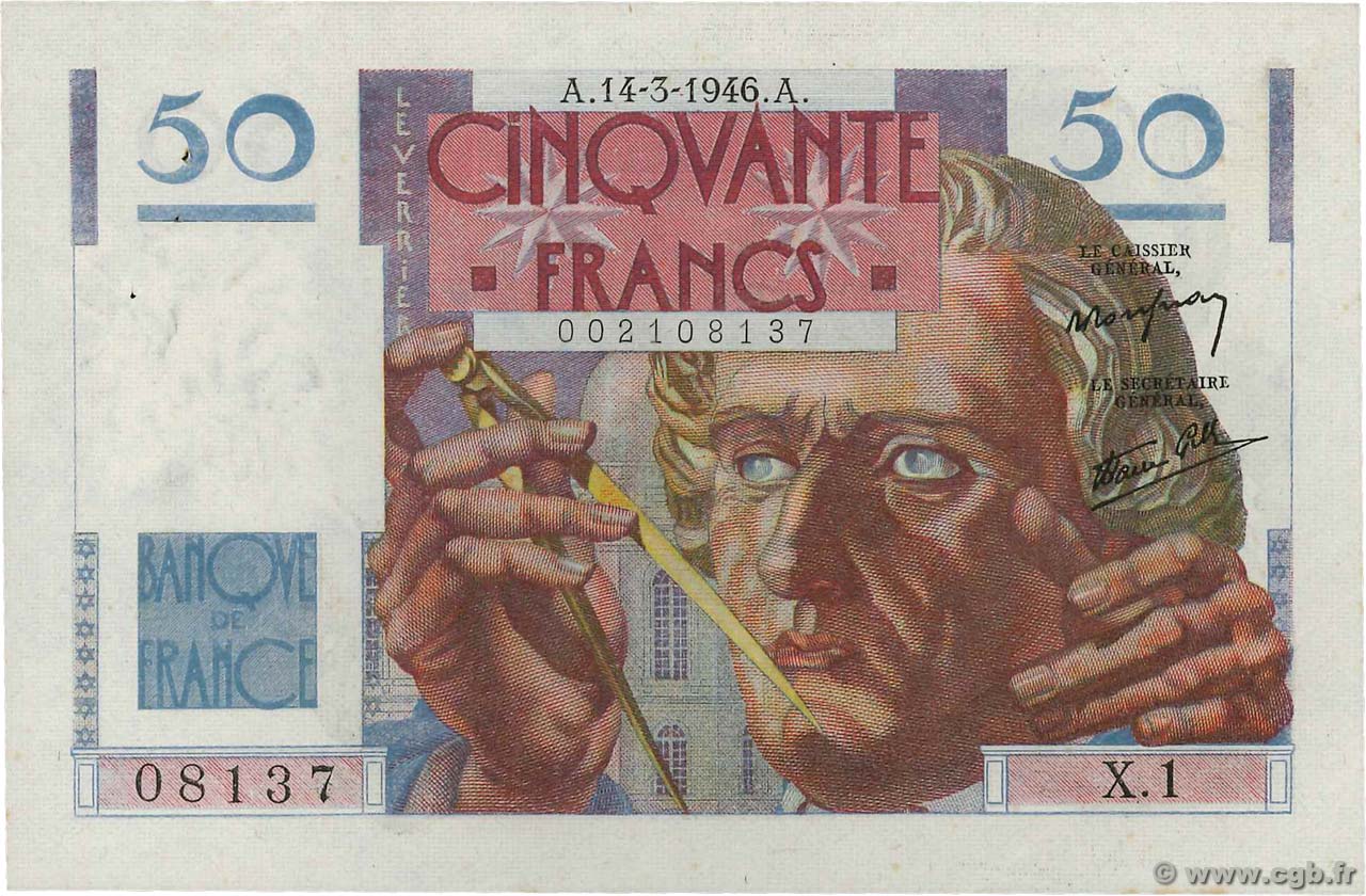50 Francs LEVERRIER FRANCIA  1946 F.20.01 SPL+