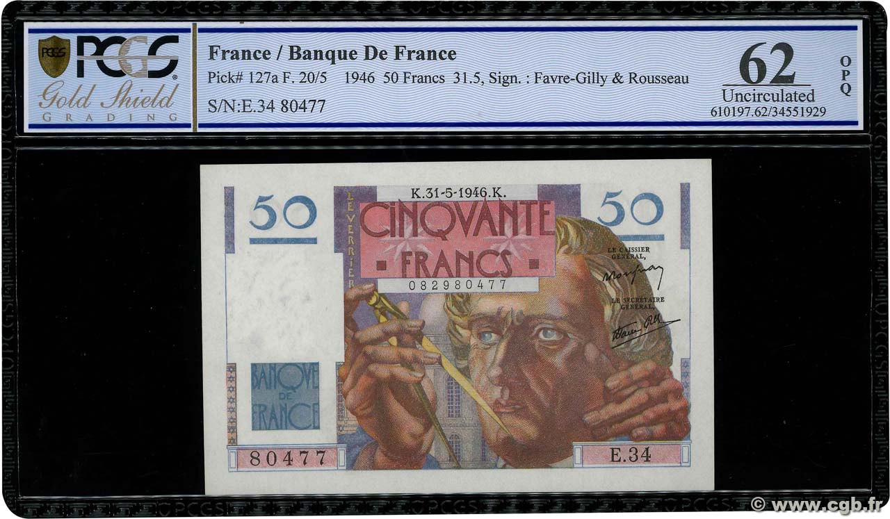 50 Francs LE VERRIER FRANKREICH  1946 F.20.05 fST