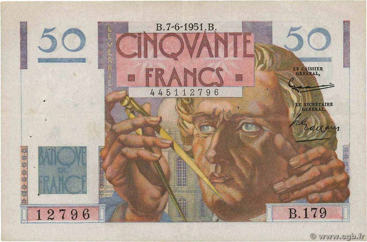 50 Francs LE VERRIER FRANCIA  1951 F.20.18 BB