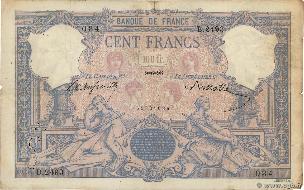 100 Francs BLEU ET ROSE FRANCE  1898 F.21.11 B+