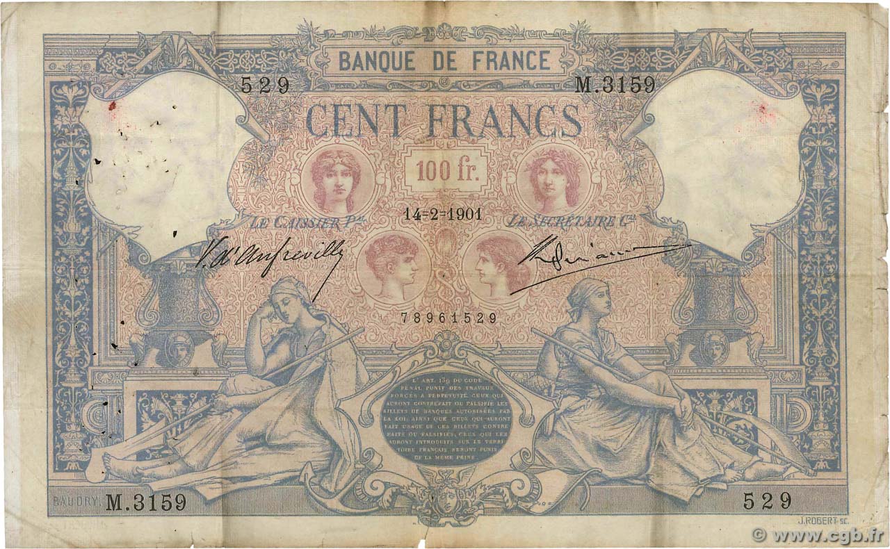 100 Francs BLEU ET ROSE FRANCE  1901 F.21.15 B+