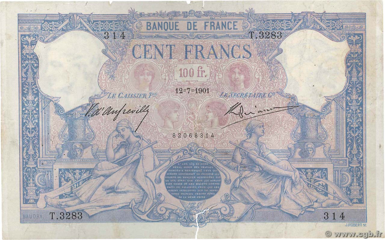 100 Francs BLEU ET ROSE FRANCE  1901 F.21.15 pr.TB