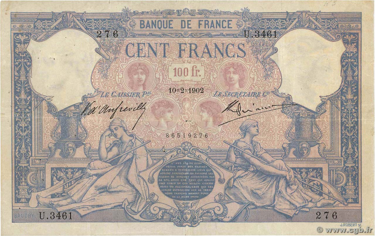 100 Francs BLEU ET ROSE FRANCIA  1902 F.21.16 MB