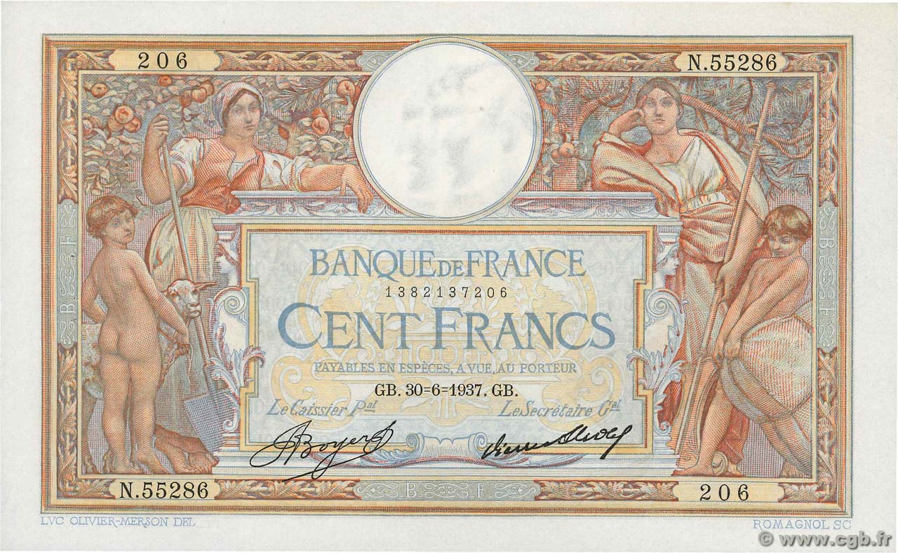 100 Francs LUC OLIVIER MERSON grands cartouches FRANCIA  1937 F.24.16 SC