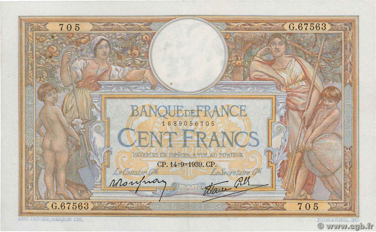 100 Francs LUC OLIVIER MERSON type modifié FRANCIA  1939 F.25.49 EBC