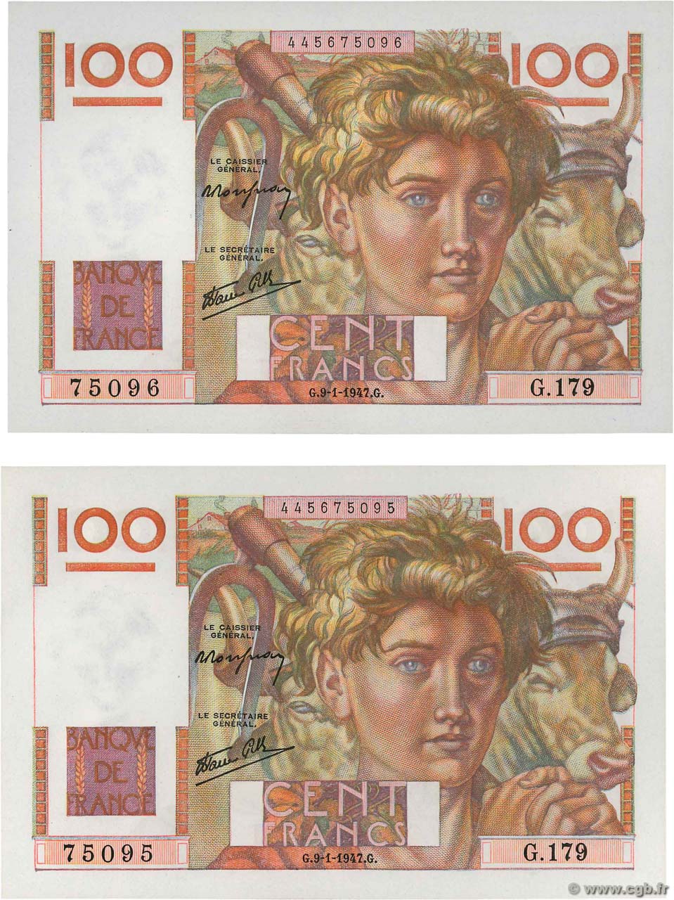 100 Francs JEUNE PAYSAN Consécutifs FRANKREICH  1947 F.28.13 fST+