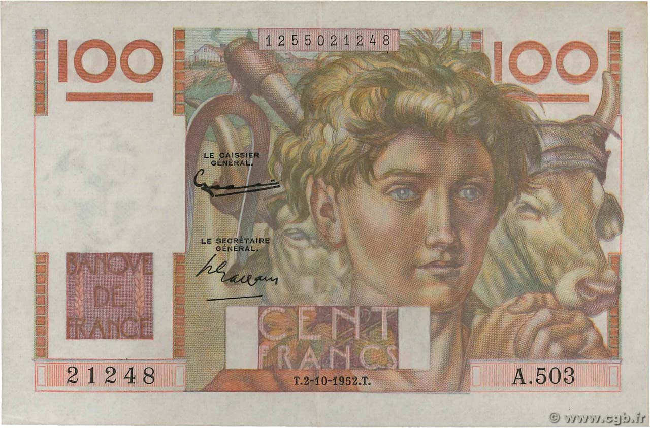 100 Francs JEUNE PAYSAN filigrane inversé FRANCE  1952 F.28bis.01 AU-
