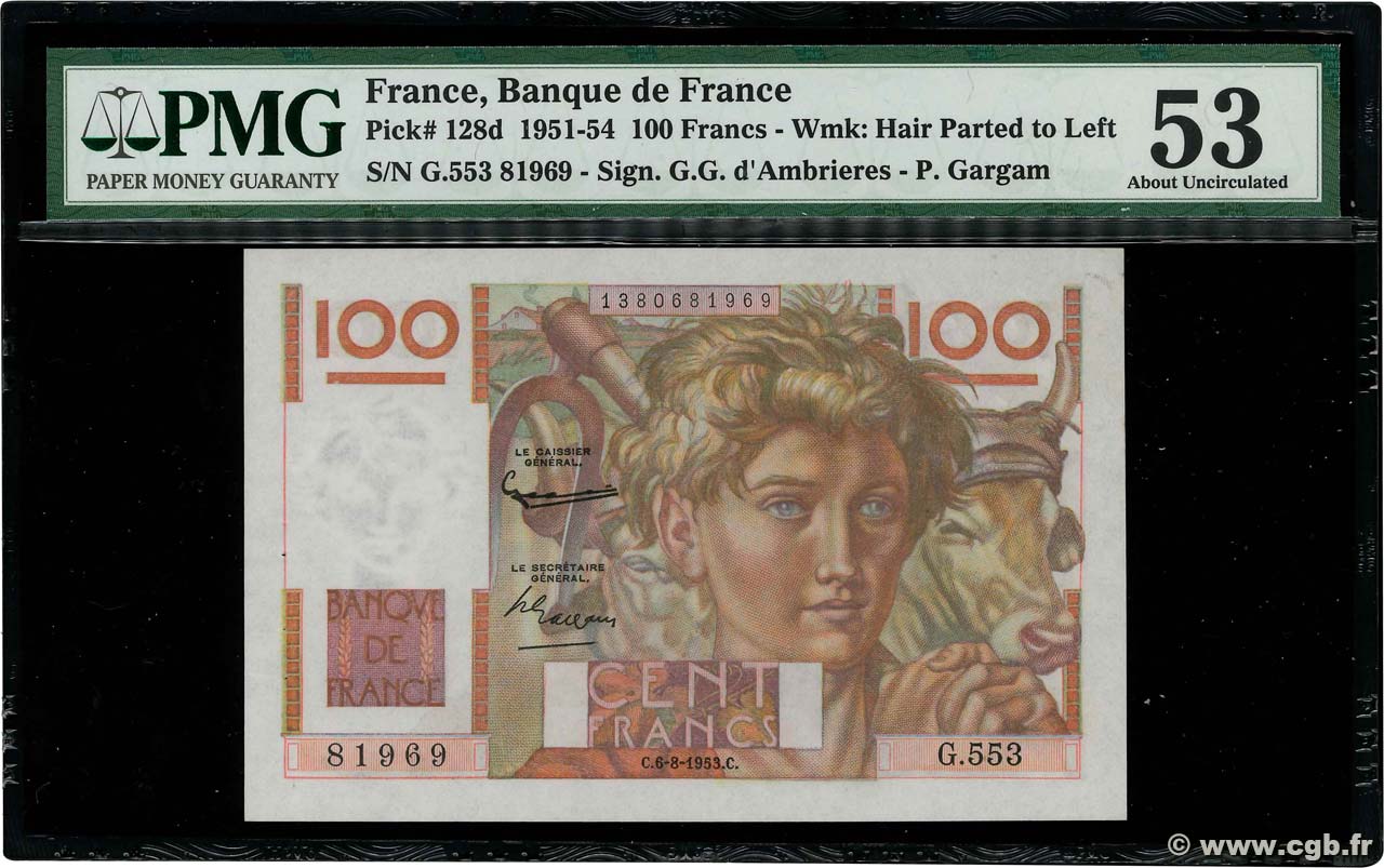 100 Francs JEUNE PAYSAN filigrane inversé FRANCE  1952 F.28bis.02 SUP