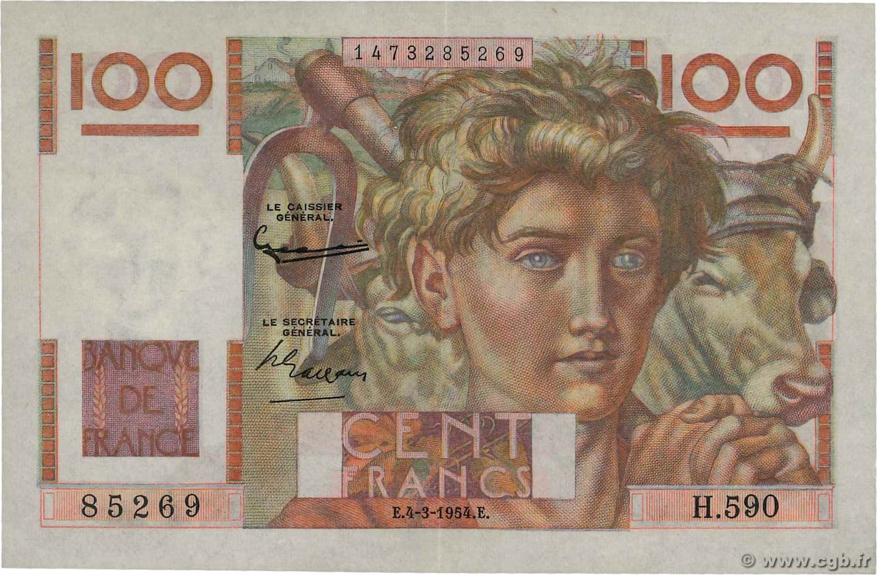 100 Francs JEUNE PAYSAN filigrane inversé FRANKREICH  1954 F.28bis.05 VZ