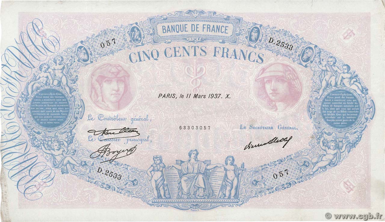 500 Francs BLEU ET ROSE FRANCIA  1937 F.30.38 MBC+
