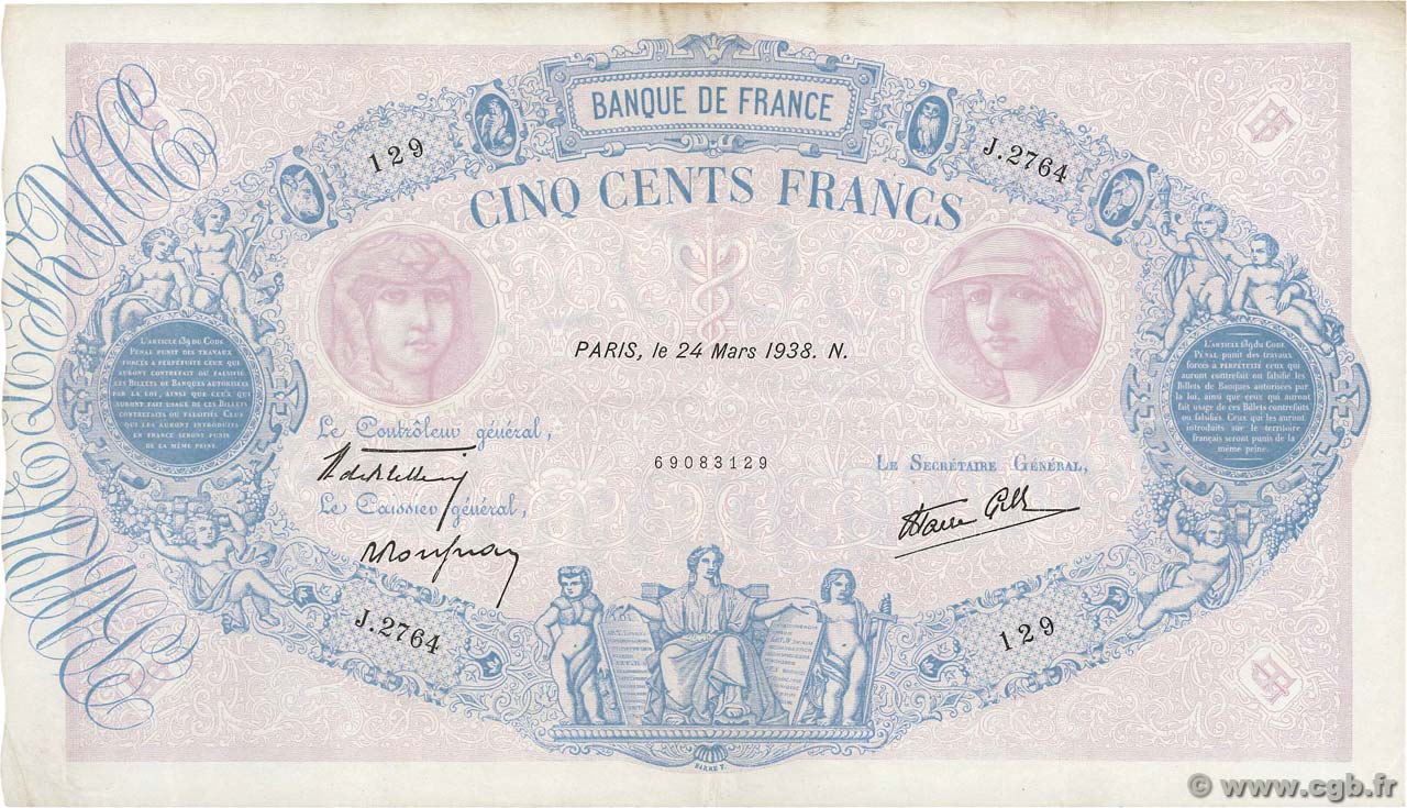 500 Francs BLEU ET ROSE modifié FRANCIA  1938 F.31.06 MBC+
