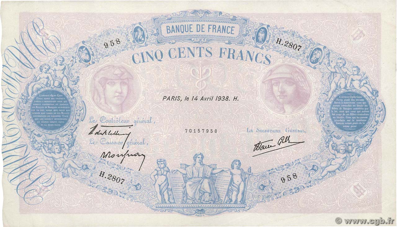 500 Francs BLEU ET ROSE modifié FRANCE  1938 F.31.08 VF+