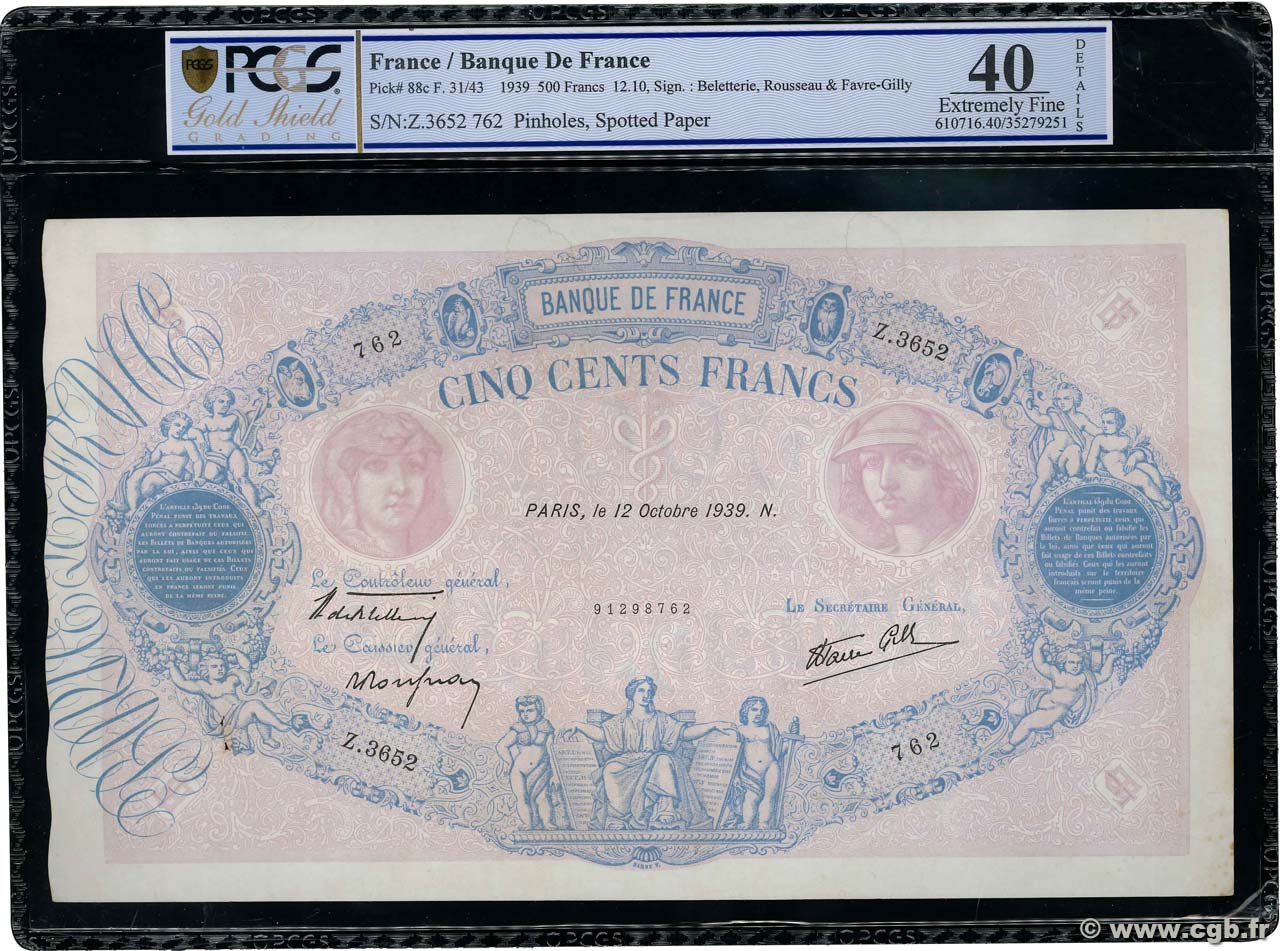 500 Francs BLEU ET ROSE modifié FRANCE  1939 F.31.43 XF-