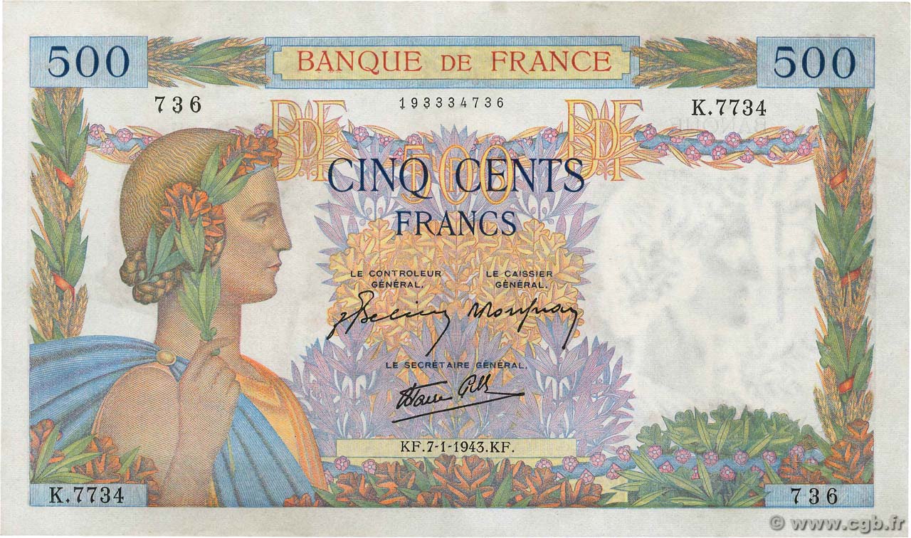 500 Francs LA PAIX FRANCE  1943 F.32.44 AU+