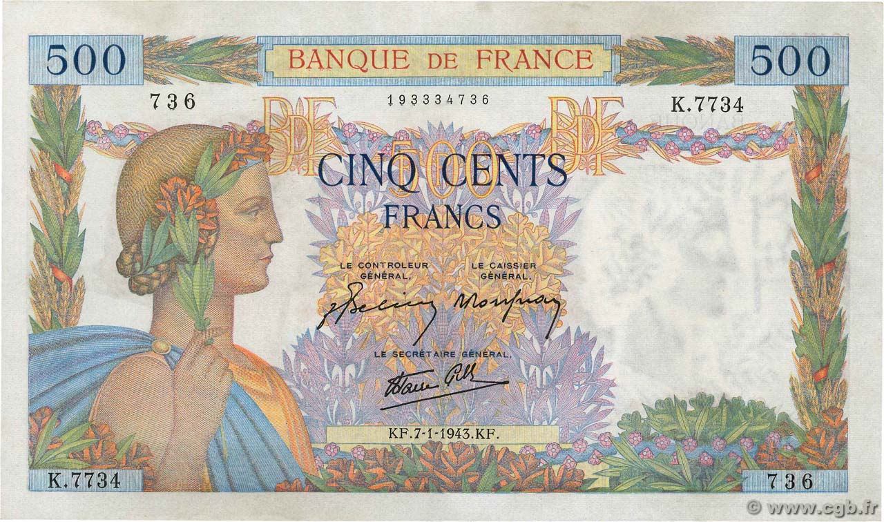 500 Francs LA PAIX FRANCE  1943 F.32.44 SPL+