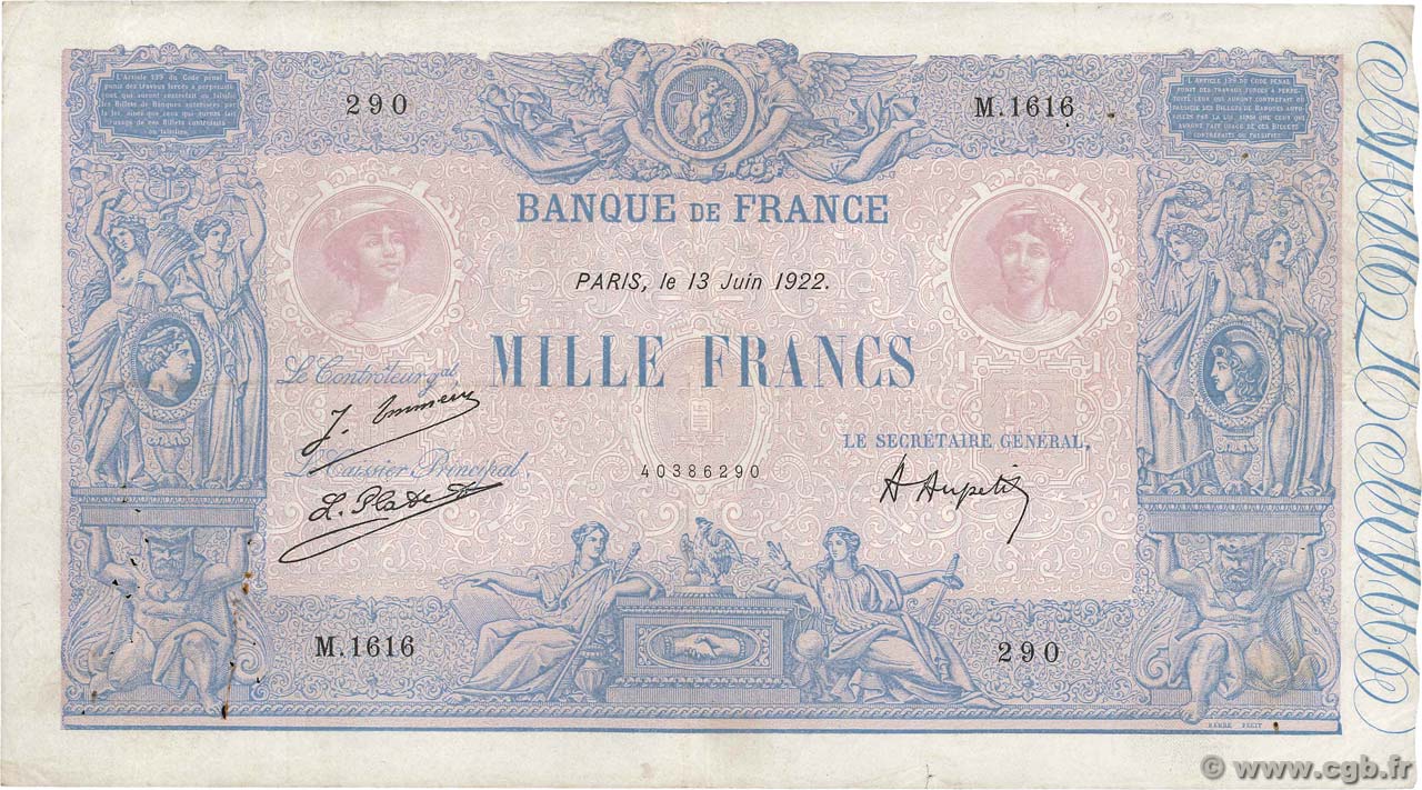 1000 Francs BLEU ET ROSE FRANCIA  1922 F.36.38 q.BB