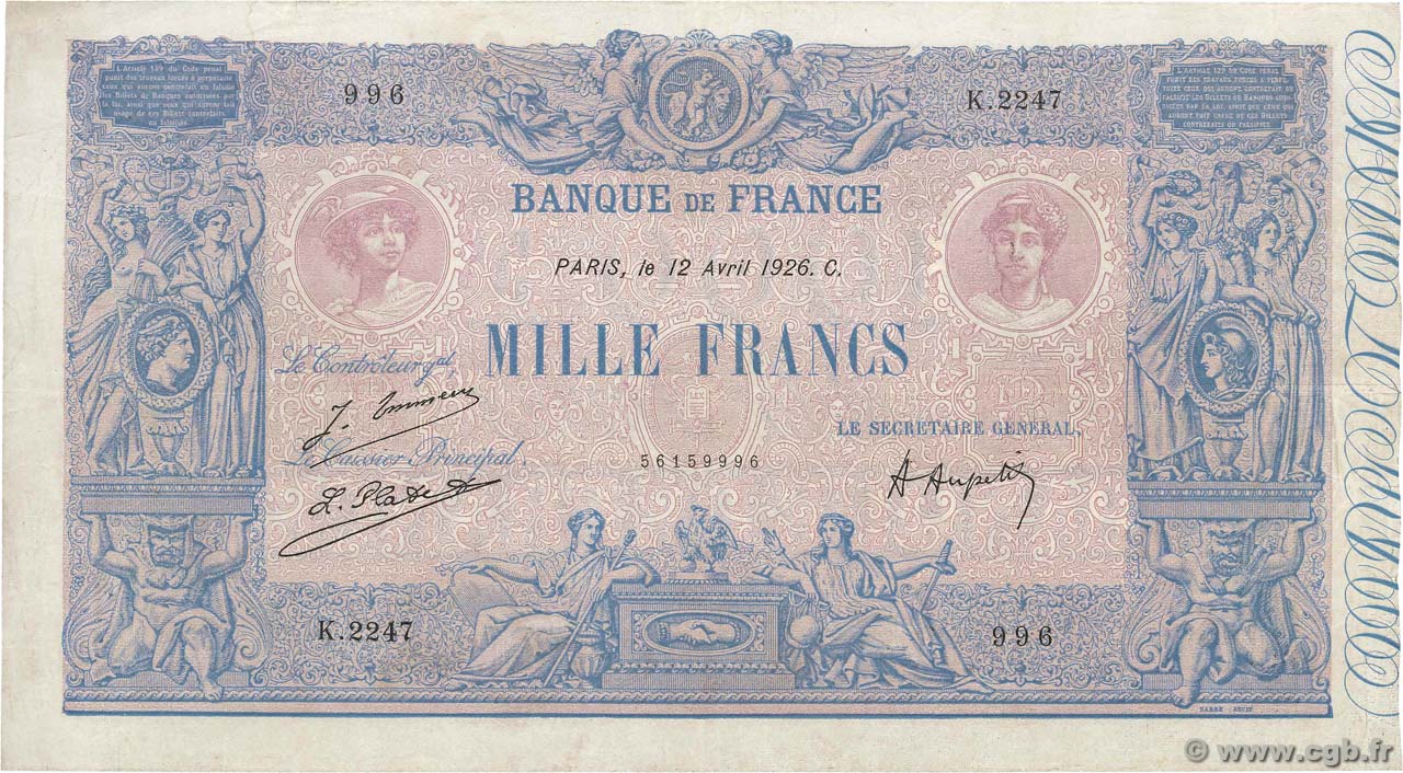 1000 Francs BLEU ET ROSE FRANCE  1926 F.36.42 pr.TTB