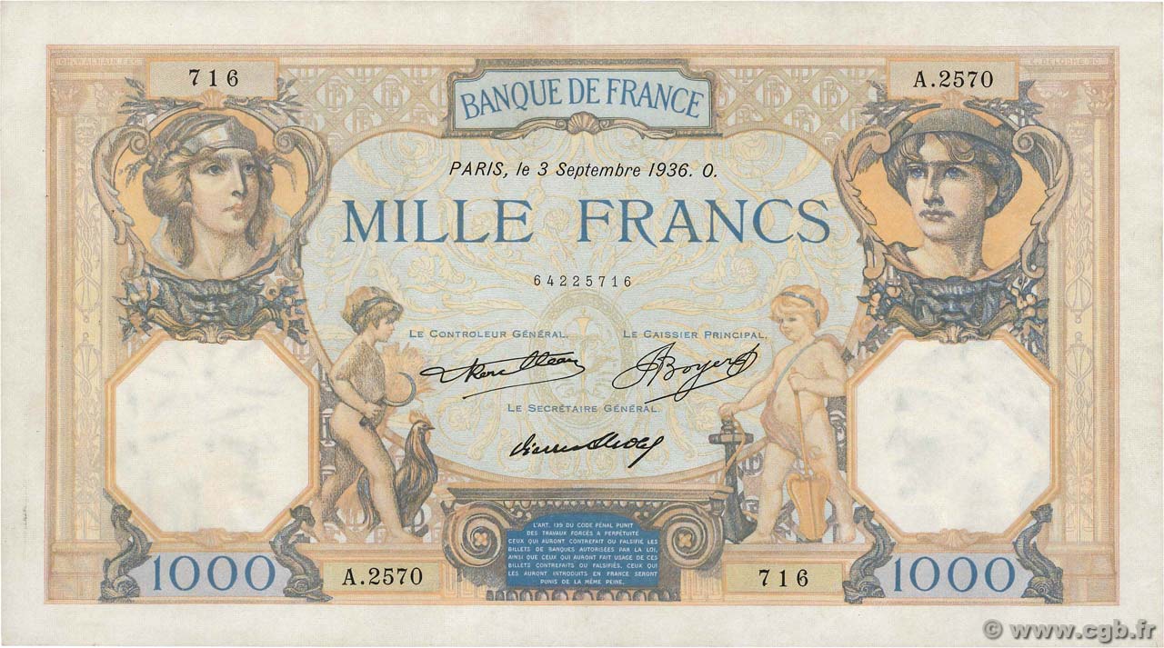 1000 Francs CÉRÈS ET MERCURE FRANCIA  1936 F.37.09 MBC+