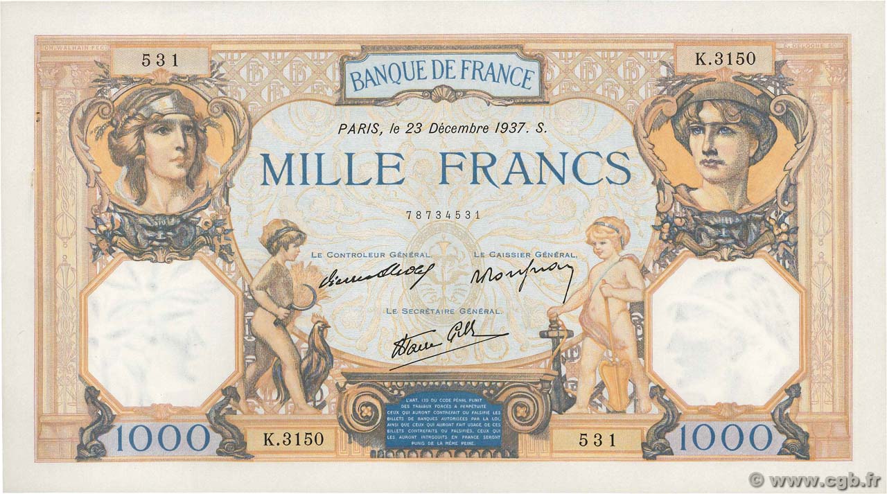 1000 Francs CÉRÈS ET MERCURE type modifié FRANCE  1937 F.38.08 SUP