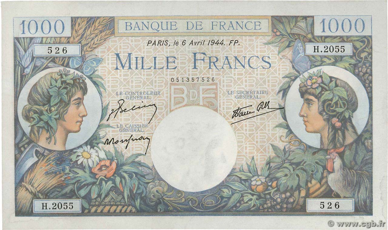 1000 Francs COMMERCE ET INDUSTRIE FRANCE  1944 F.39.05 AU