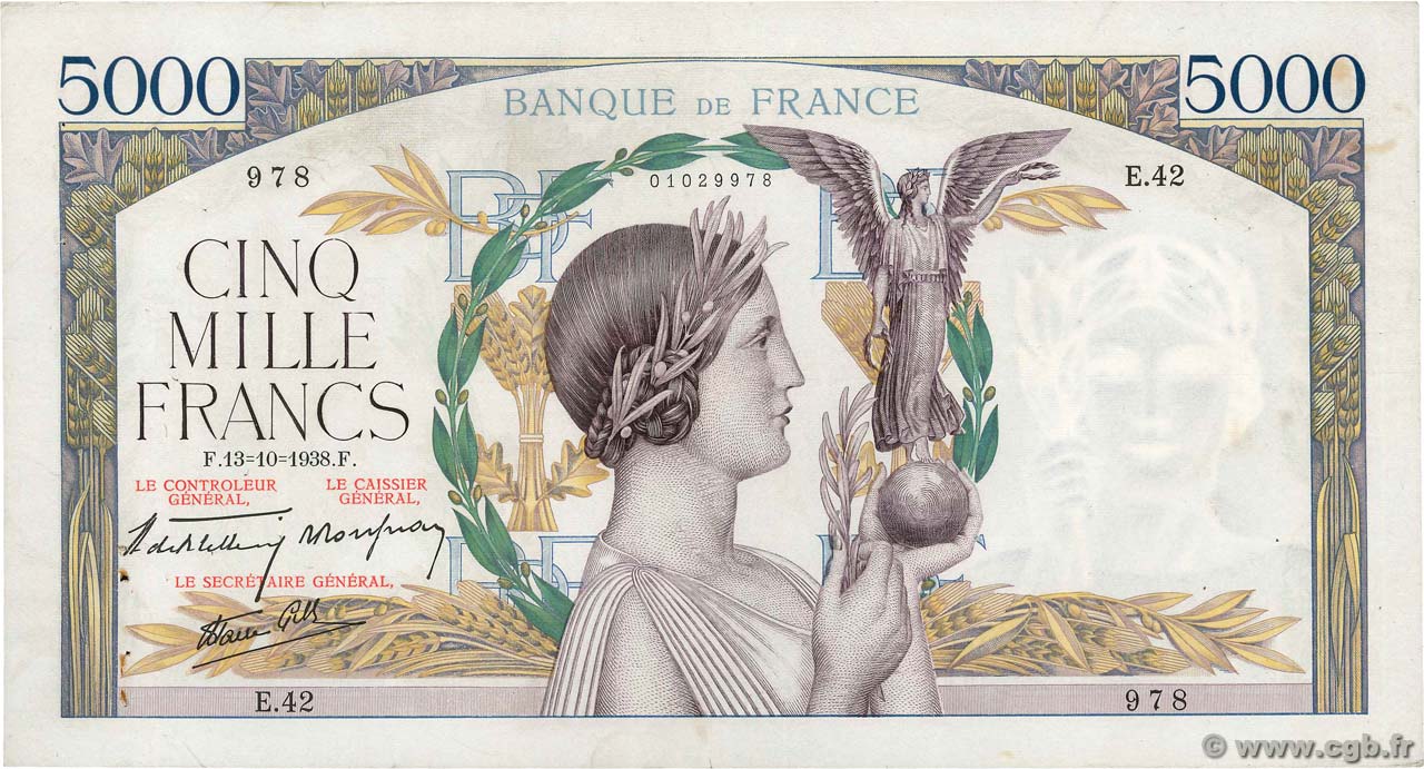 5000 Francs VICTOIRE modifié, taille douce FRANCIA  1938 F.45.01 BC+