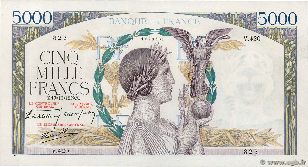 5000 Francs VICTOIRE Impression à plat FRANCE  1939 F.46.15 XF-