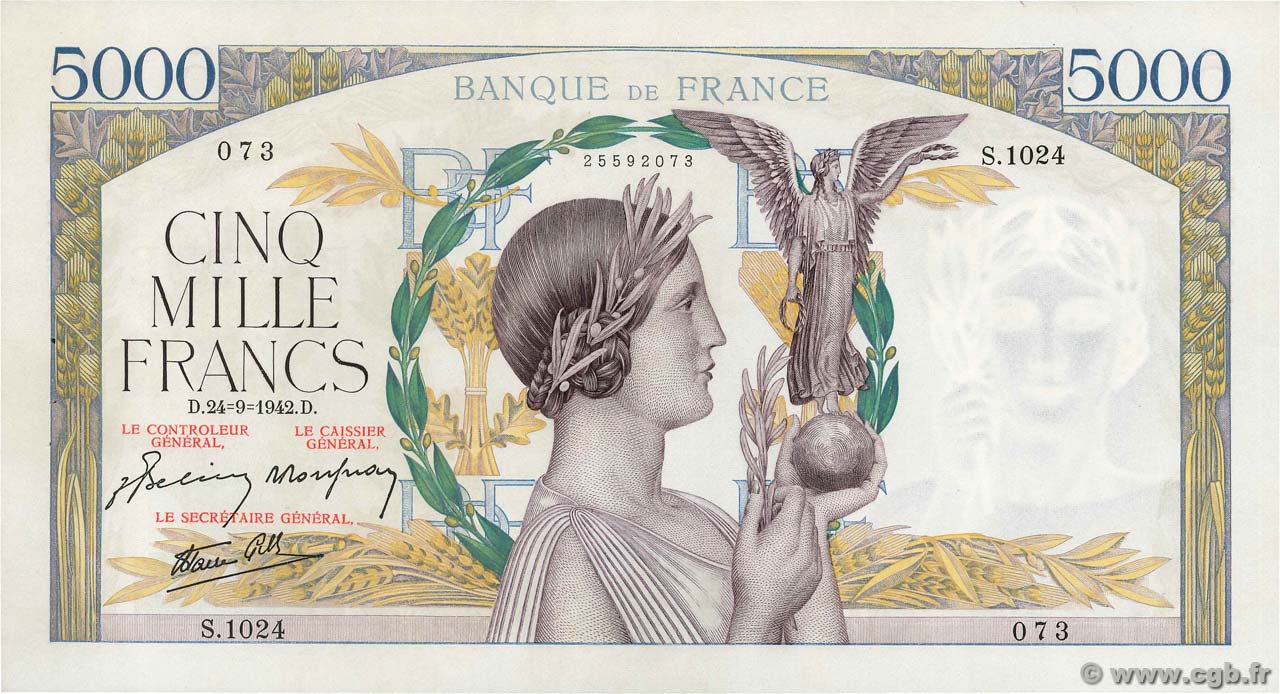 5000 Francs VICTOIRE Impression à plat FRANCE  1942 F.46.41 pr.SPL