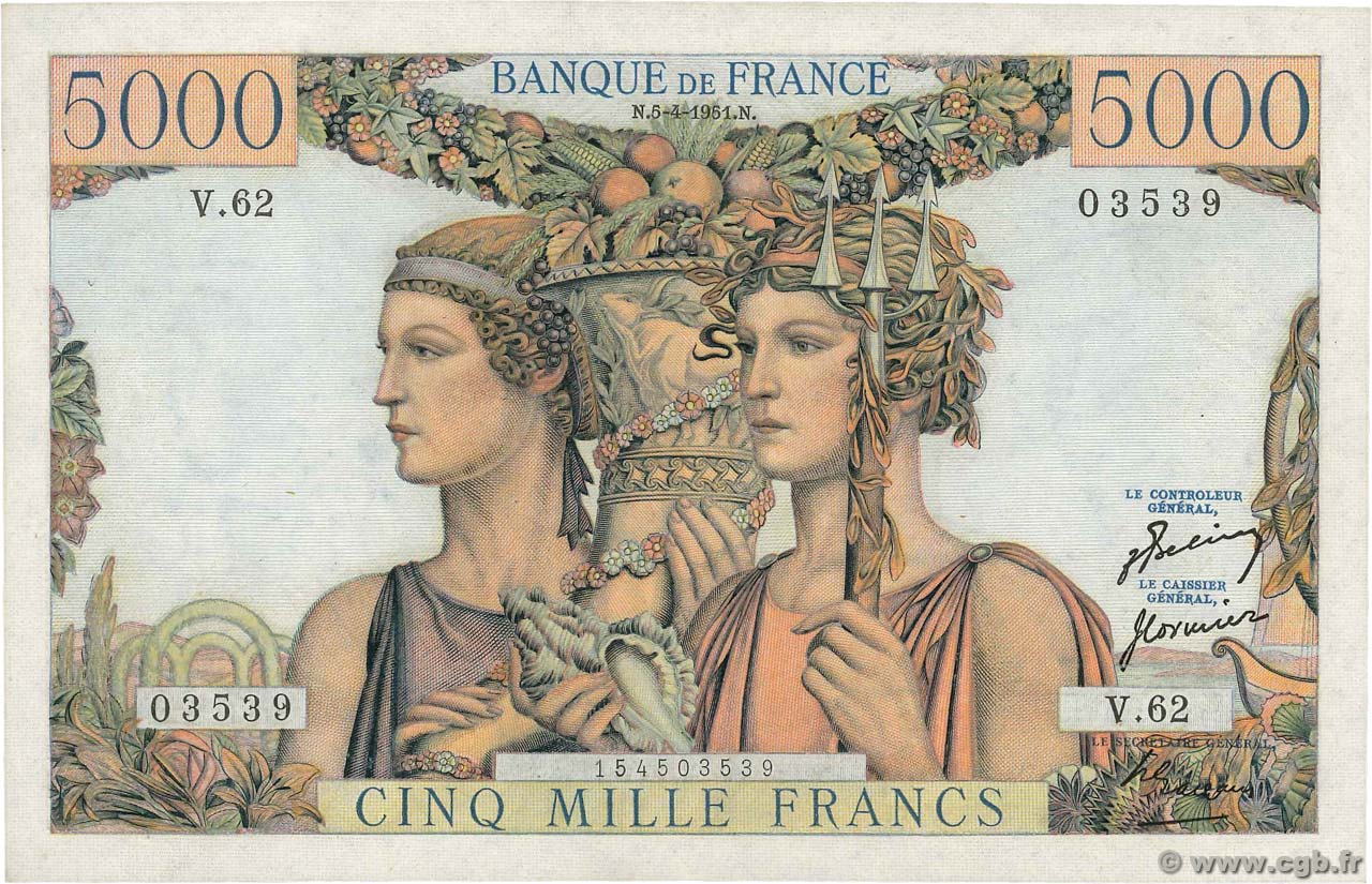5000 Francs TERRE ET MER FRANKREICH  1951 F.48.04 VZ