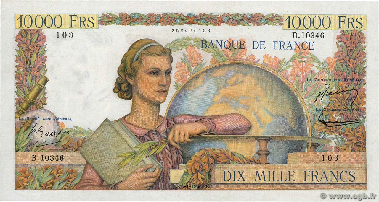10000 Francs GÉNIE FRANÇAIS FRANCE  1956 F.50.78 VF