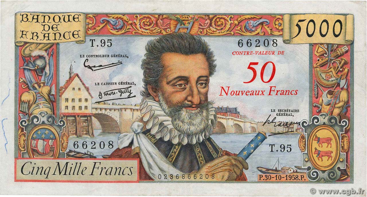 50 NF sur 5000 Francs HENRI IV FRANCE  1958 F.54.01 TTB