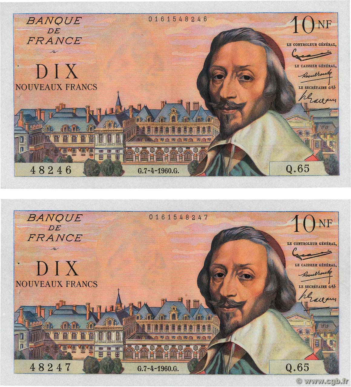 10 Nouveaux Francs RICHELIEU Consécutifs FRANCIA  1960 F.57.06 EBC+