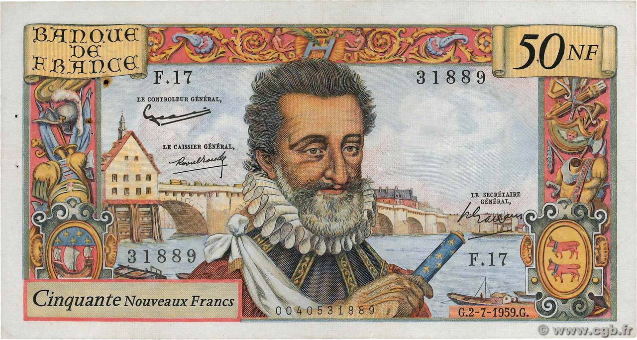 50 Nouveaux Francs HENRI IV FRANCE  1959 F.58.02 VF-
