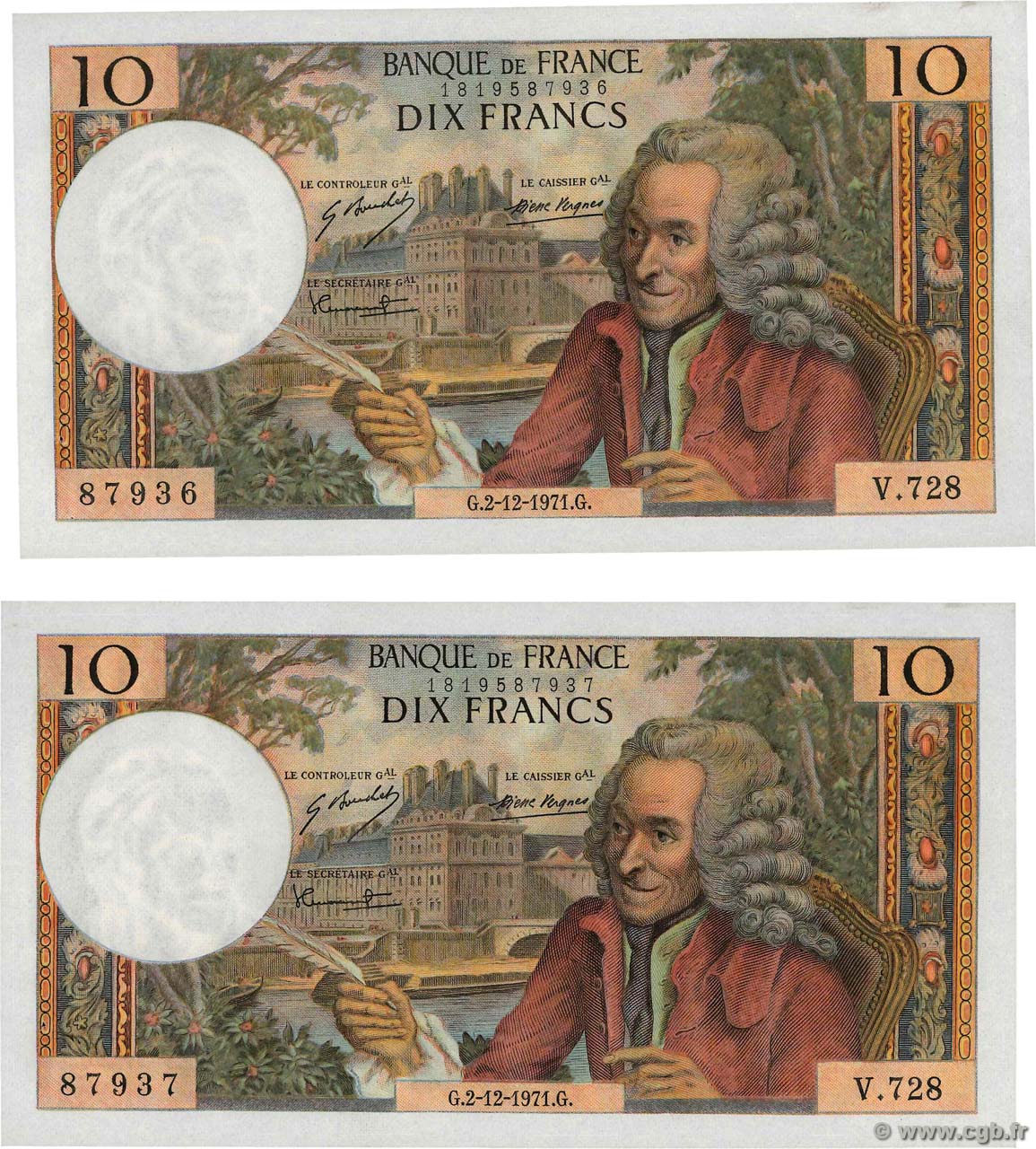 10 Francs VOLTAIRE Consécutifs FRANCE  1971 F.62.53 AU
