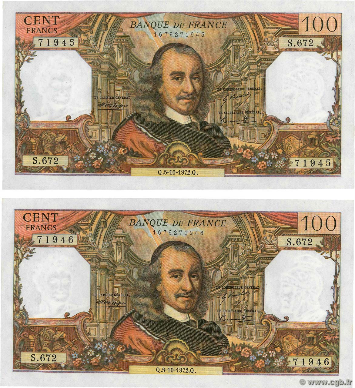 100 Francs CORNEILLE Consécutifs FRANKREICH  1972 F.65.40 fST+