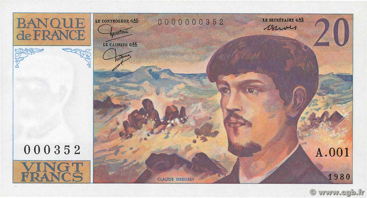 20 Francs DEBUSSY Petit numéro FRANCIA  1980 F.66.01A1 SC+