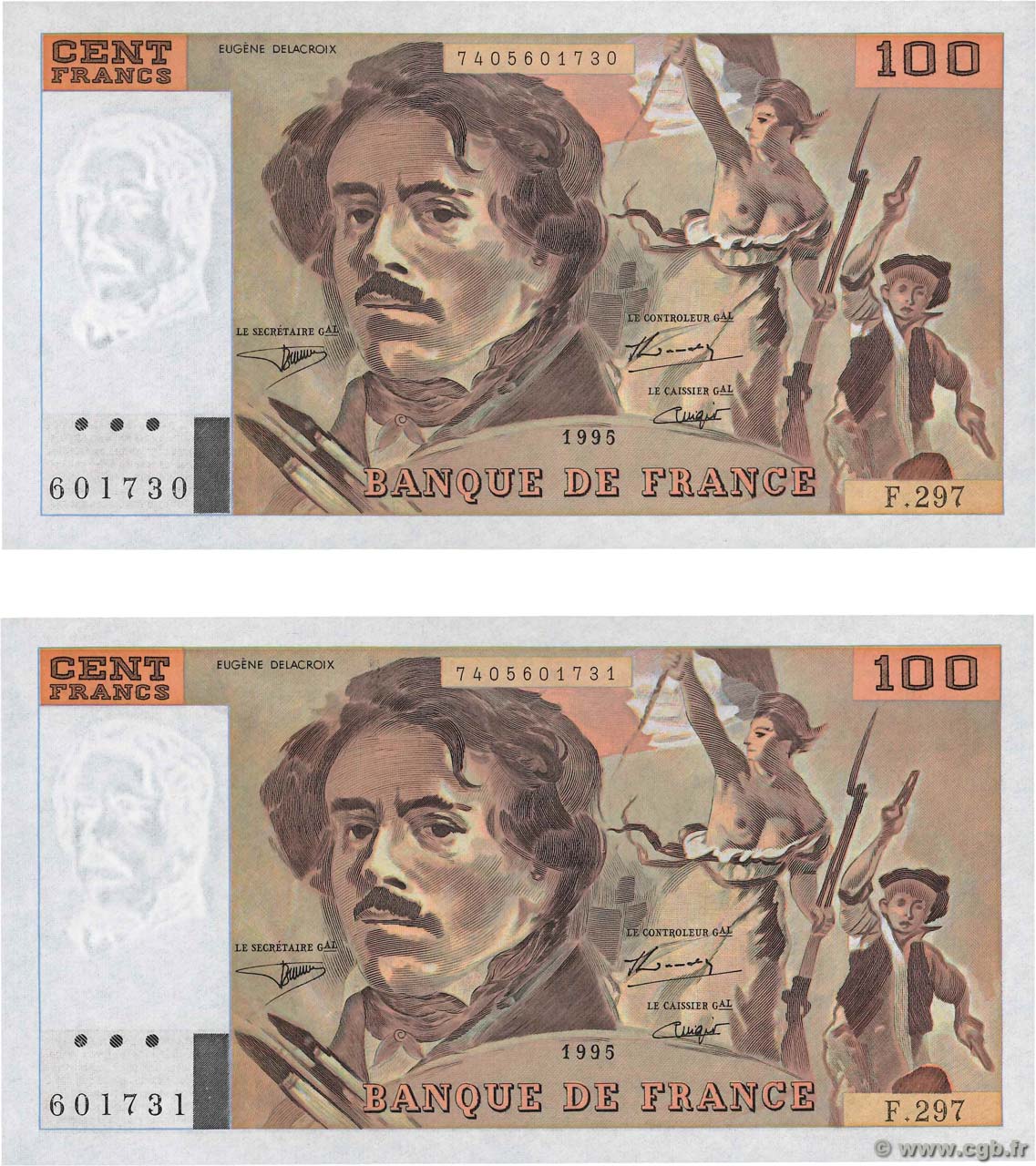 100 Francs DELACROIX 442-1 & 442-2 Consécutifs FRANCE  1995 F.69ter.02c
 NEUF