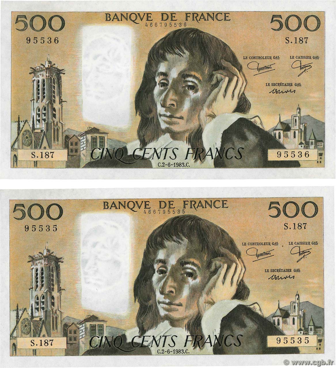 500 Francs PASCAL Consécutifs FRANCE  1983 F.71.29 SPL