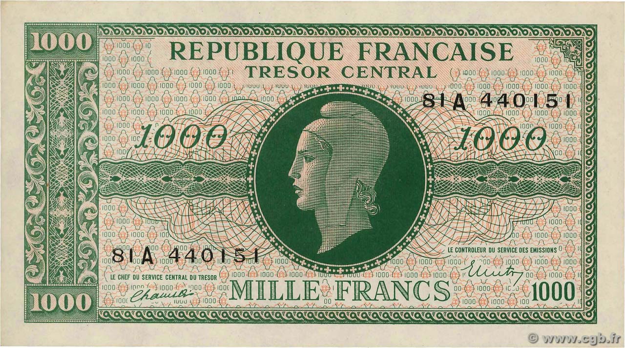 1000 Francs MARIANNE BANQUE D ANGLETERRE FRANCIA  1945 VF.12.01 AU